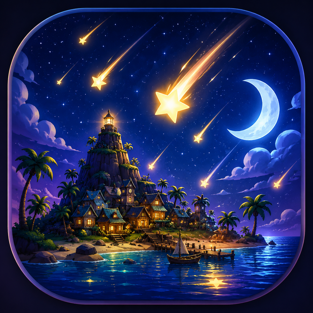 Île illuminée sous une pluie d’étoiles et un croissant de lune — Starfall Island